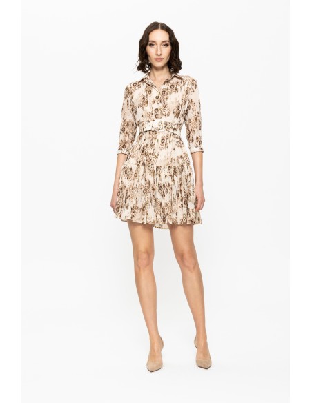 short printed dress with long sleeves and belt