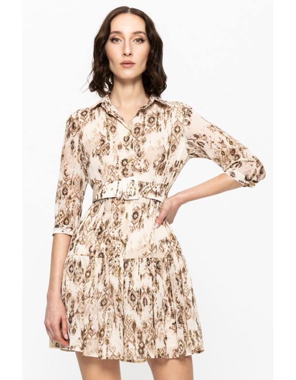 short printed dress with long sleeves and belt 2