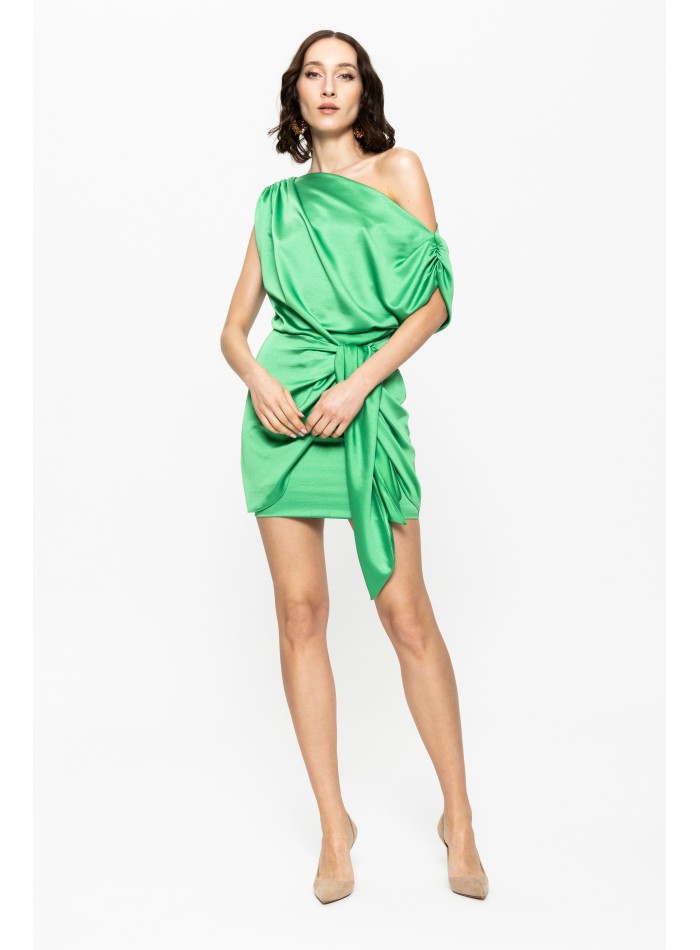 Asymmetric green short dress with bow detail
