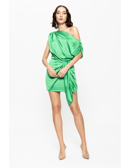 Asymmetric green short dress with bow detail