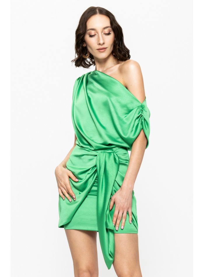 Asymmetric green short dress with bow detail
