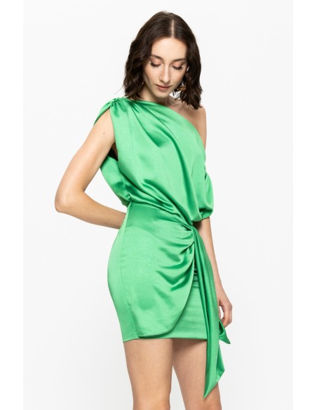 Asymmetric green short dress with bow detail