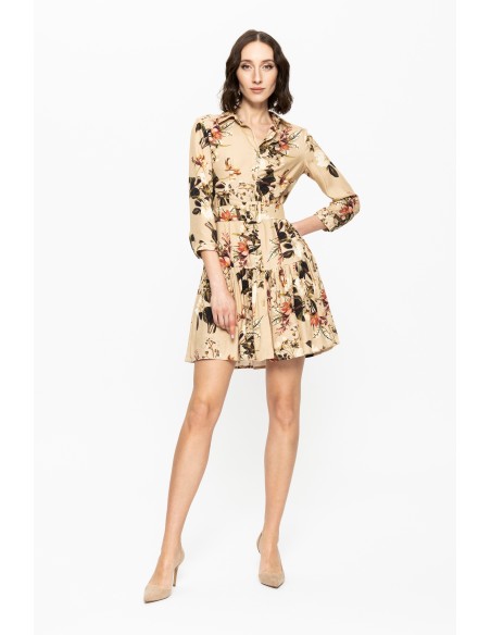short printed dress with long sleeves and belt