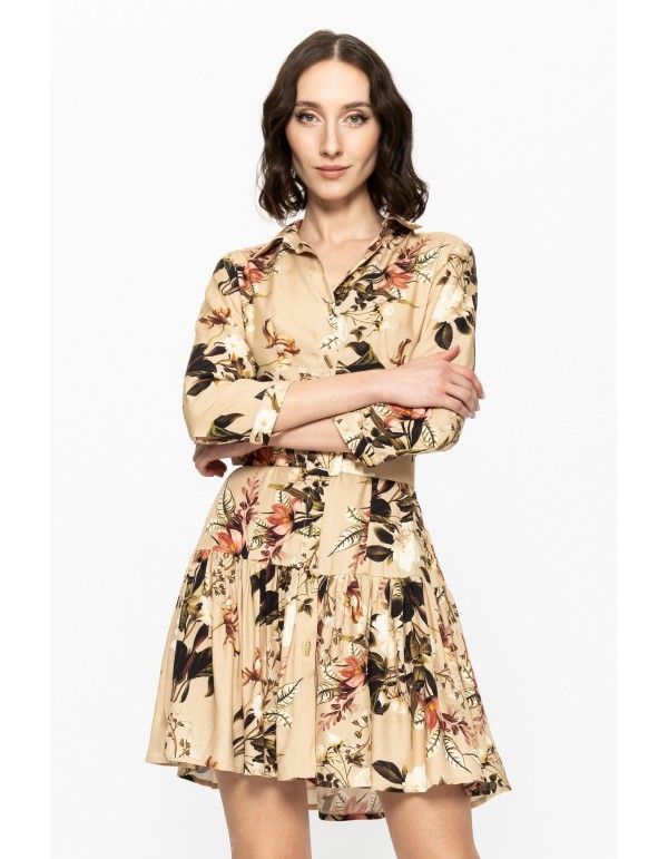 short printed dress with long sleeves and belt 2