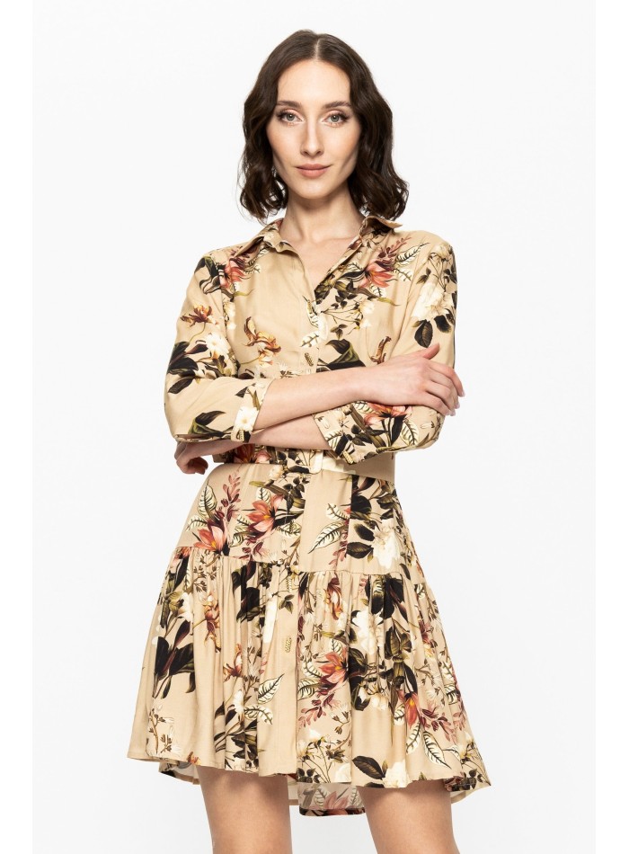 short printed dress with long sleeves and belt