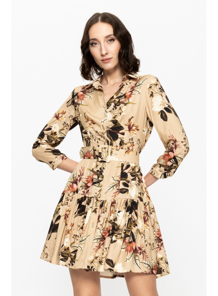 Vestido corto estampado con manga larga y cinturón