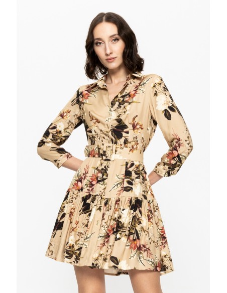 Vestido corto estampado con manga larga y cinturón