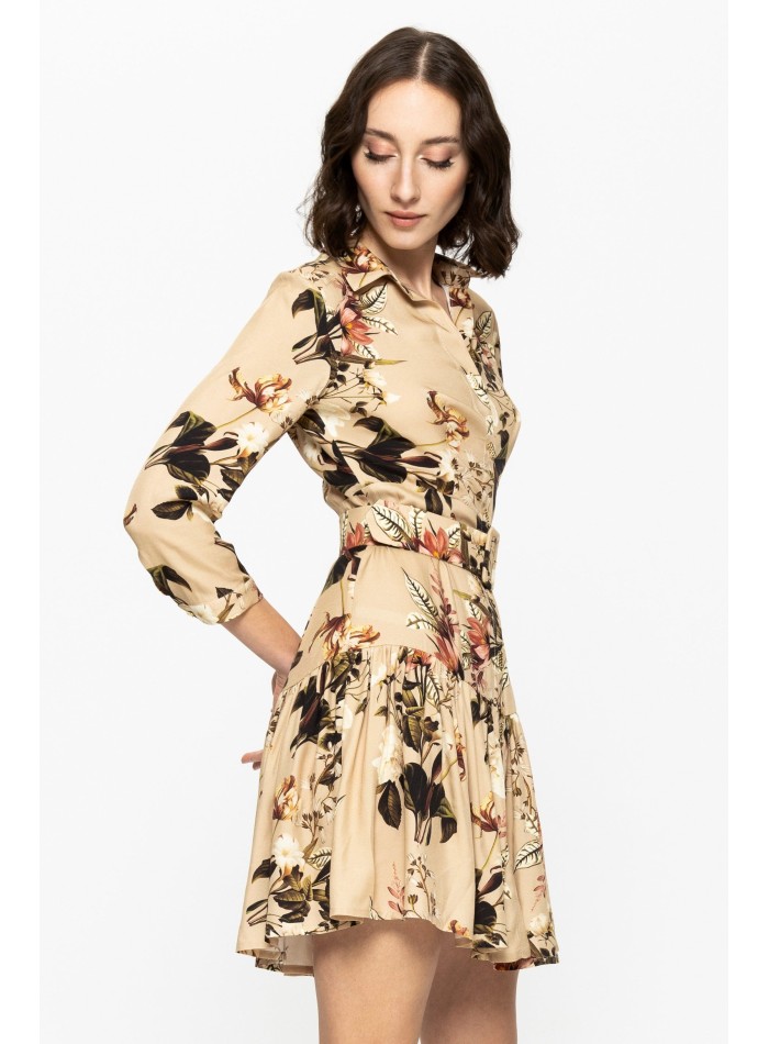 Vestido corto estampado con manga larga y cinturón