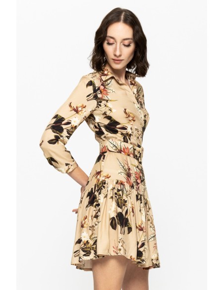 short printed dress with long sleeves and belt