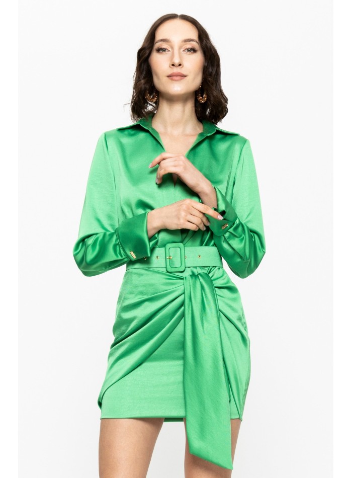 short green satin belted wedding guest dress