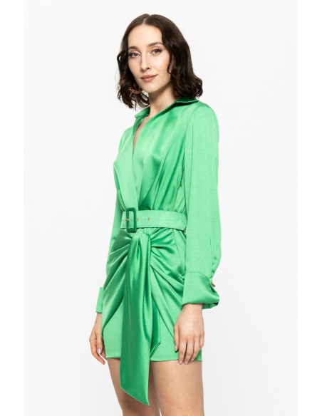 short green satin belted wedding guest dress