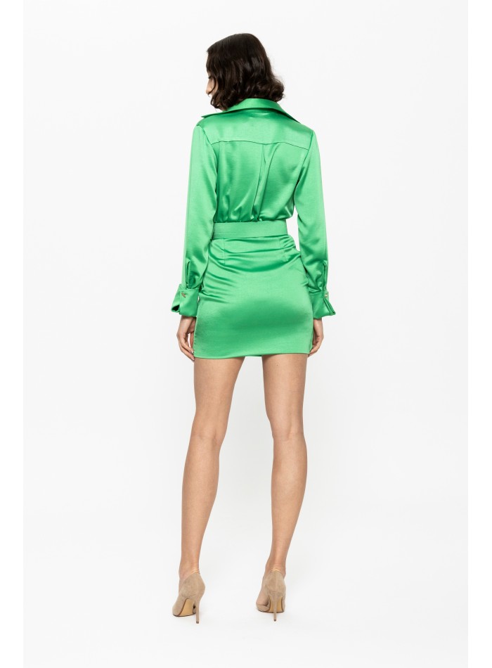 short green satin belted wedding guest dress