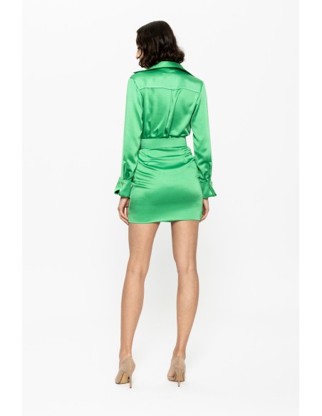 short green satin belted wedding guest dress