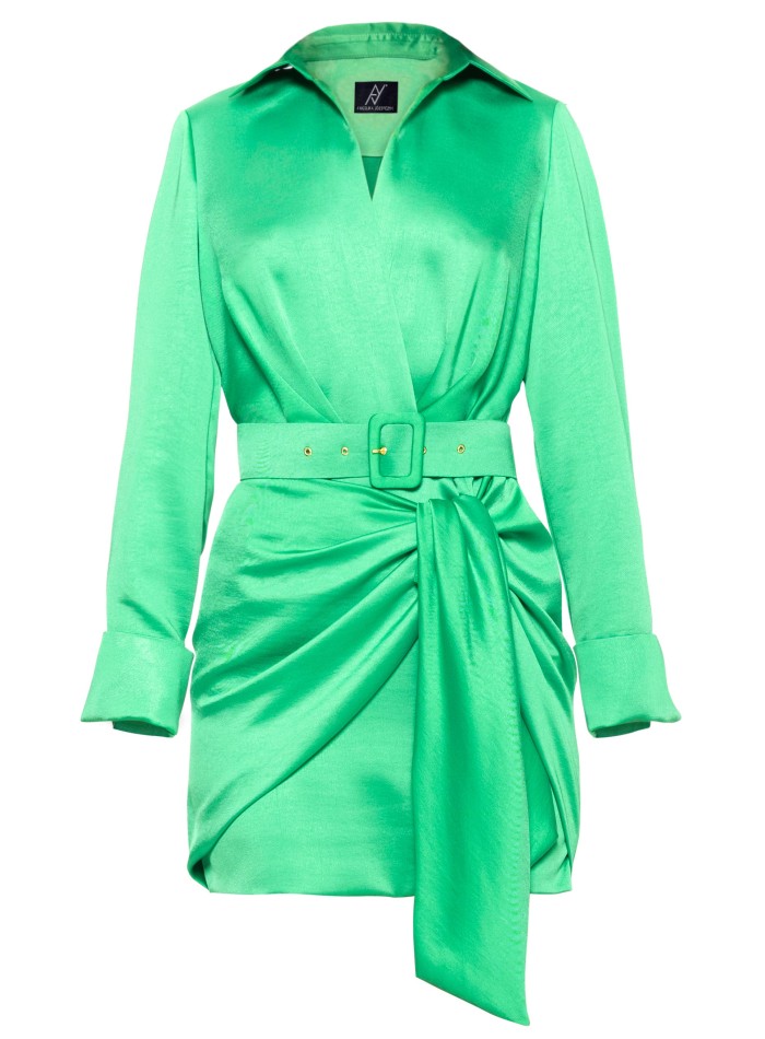 Robe courte en satin vert avec Ceinture pour...
