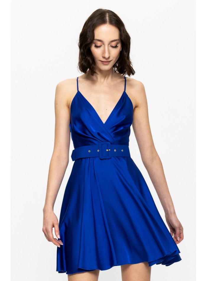 short blue satin dress with thin straps and belt