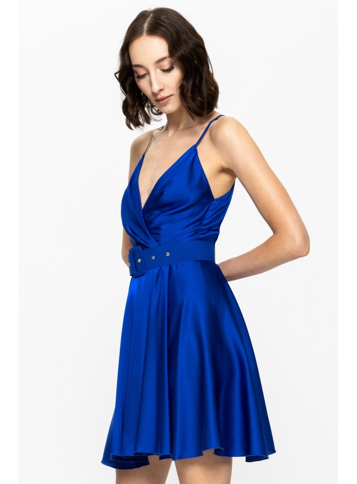 short blue satin dress with thin straps and belt