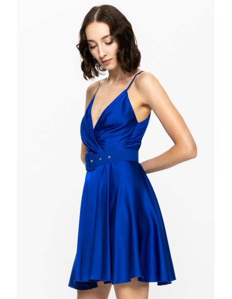 Robe courte en satin bleu avec fines bretelles et Ceintures pour invités de mariage