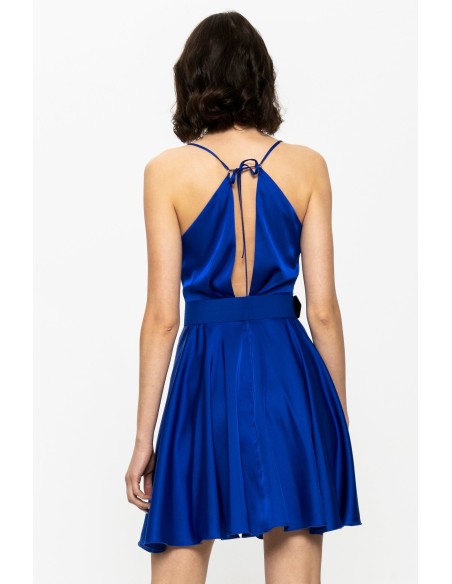 Robe courte en satin bleu avec fines bretelles et Ceintures pour invités de mariage