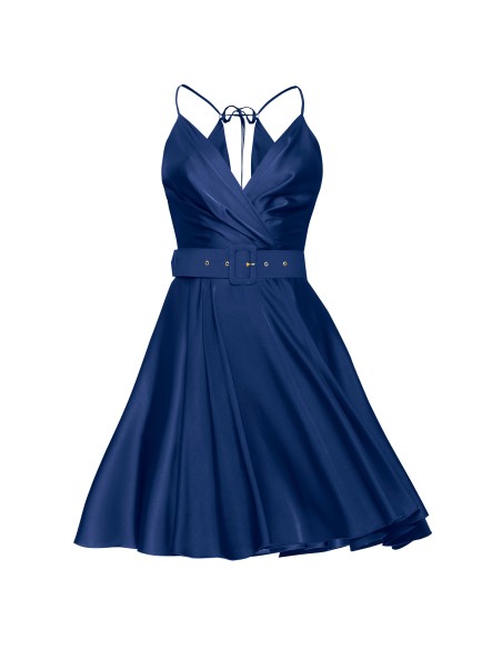Vestido corto para invitadas azul satinado con tirantes