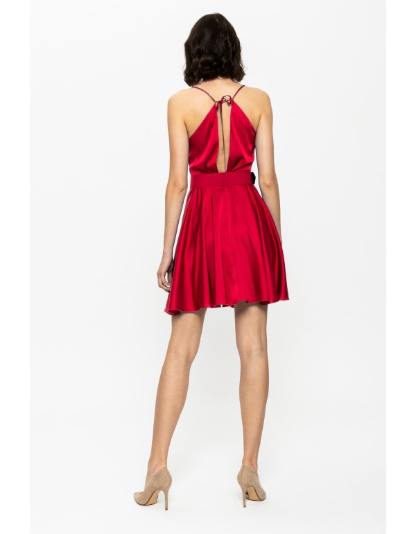 Short red satin strapless guest dress with straps 2
