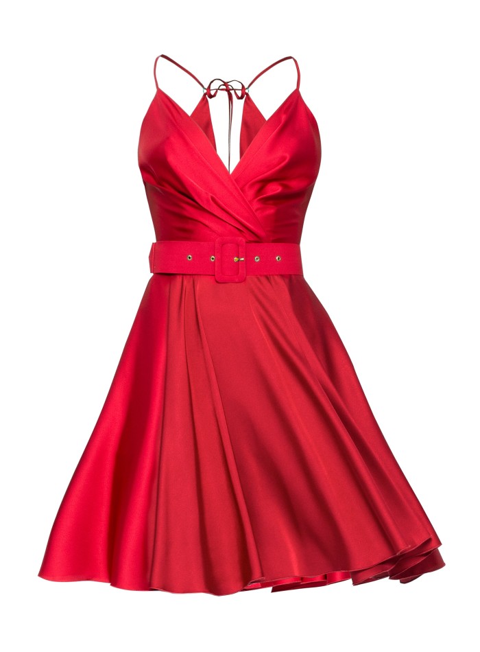 Short red satin strapless guest dress with straps