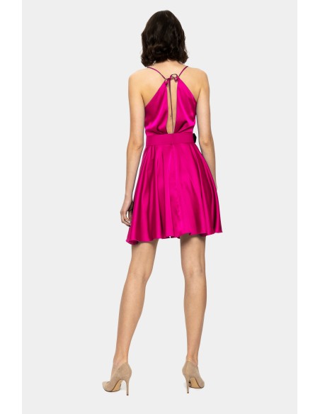 Short fuchsia satin guest dress with straps