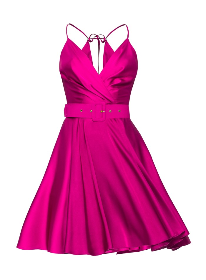 Vestido corto para invitadas fucsia satinado...