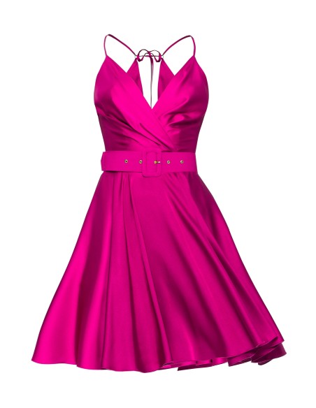 Robe courte d'invité en satin fuchsia avec bretelles
