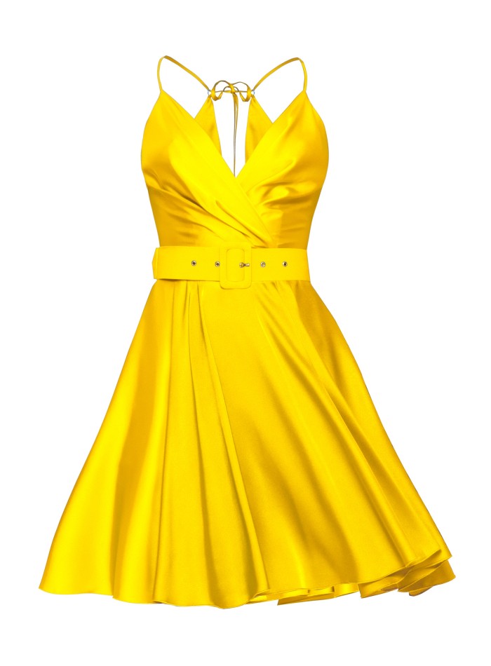 Vestido para invitadas amarillo satinado corto...