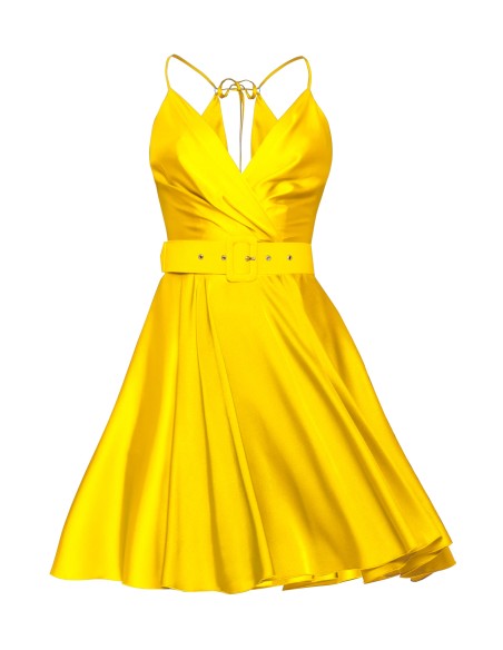 Robe courte d'invité en satin jaune avec décolleté en V