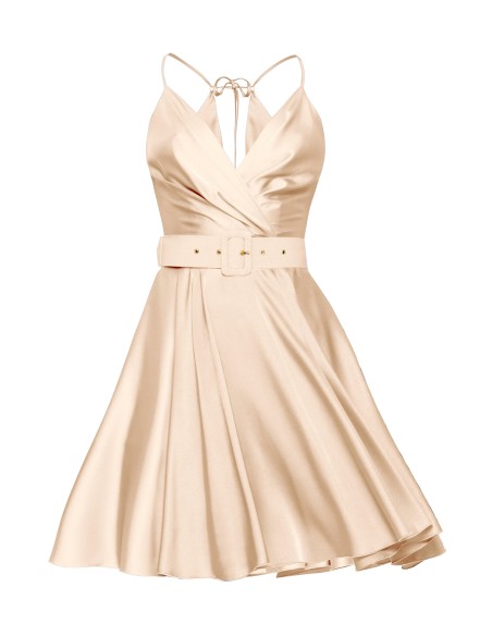Robe courte d'invité en satin beige avec décolleté en V et Ceintures