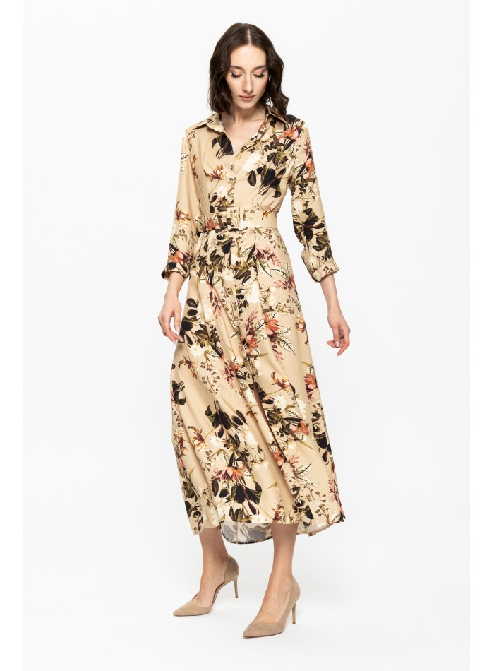 Robe midi beige avec imprimé floral et Ceintures