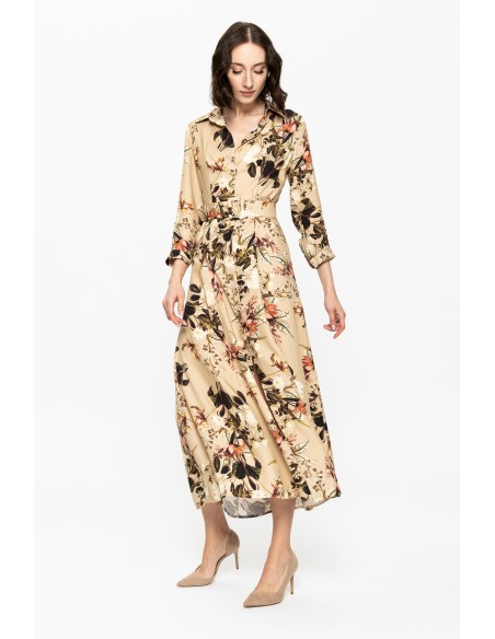 beige midi shirt dress with floral print