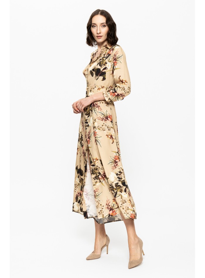 Robe midi beige avec imprimé floral et Ceintures