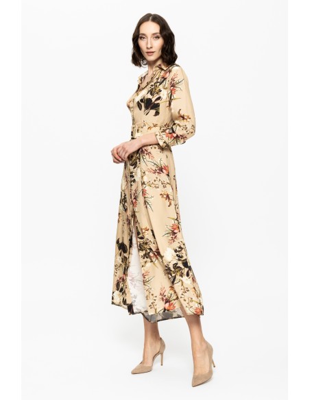 Robe midi beige avec imprimé floral et Ceintures