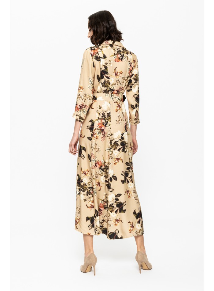 Robe midi beige avec imprimé floral et Ceintures