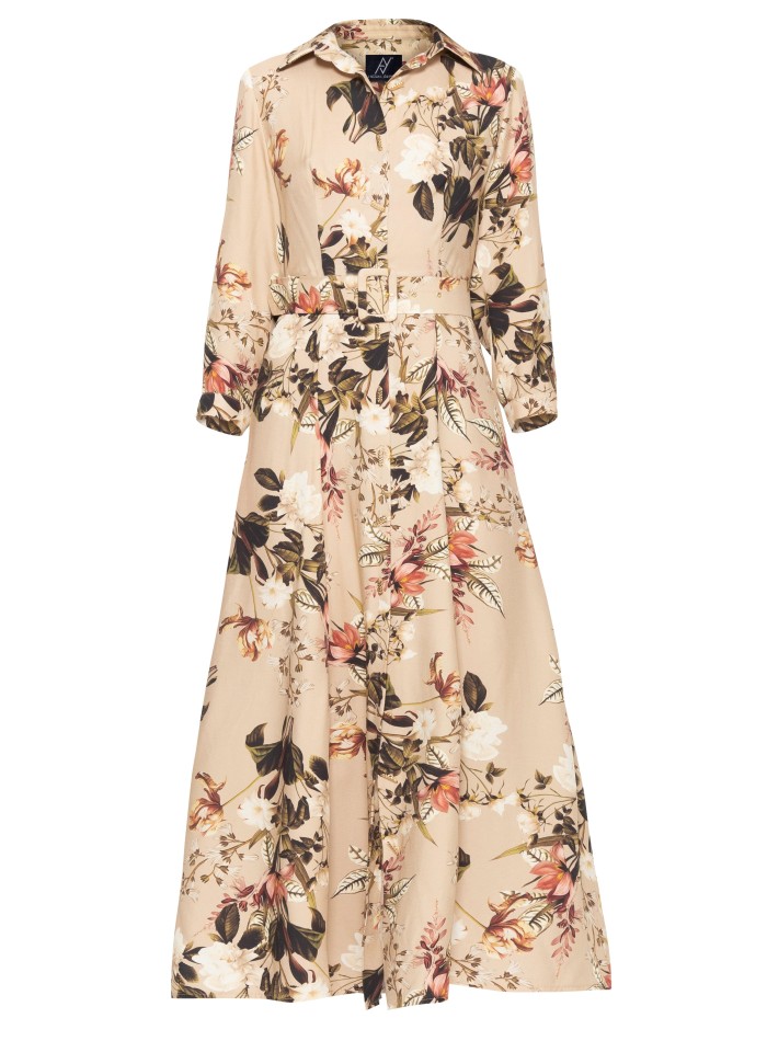 Robe midi beige avec imprimé floral et Ceintures