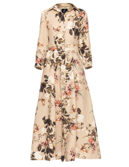 Vestido camisero midi beige con estampado floral y cinturón