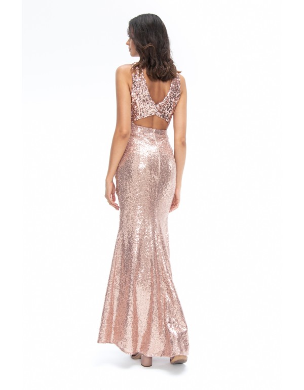 long pink sequined dress with a plunging neckline and... 2