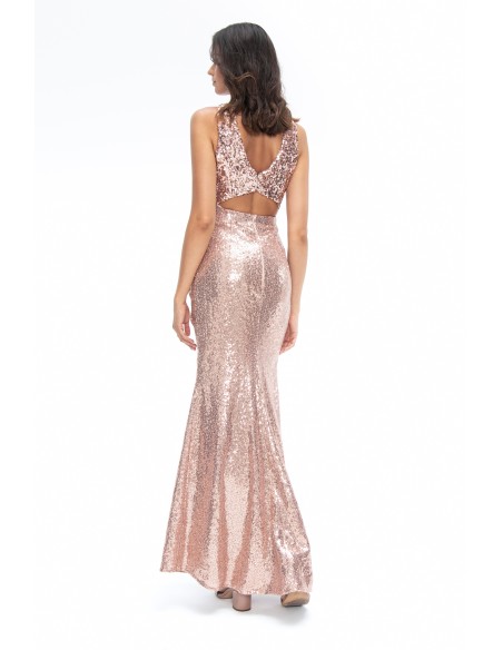 Robe longue rose à sequins avec encolure et fente latérale