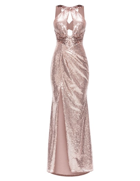 long pink sequined dress with a plunging neckline and side slit