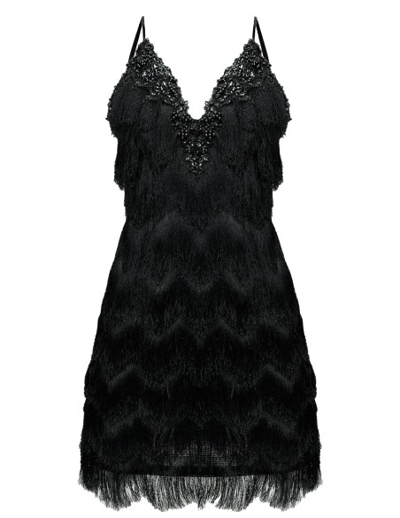 black cocktail dress with embroidered lace and sequins
