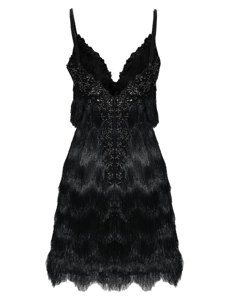 black cocktail dress with embroidered lace and sequins