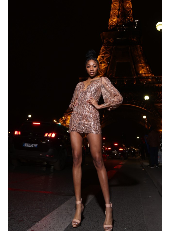 short sequin embroidered tulle party dress