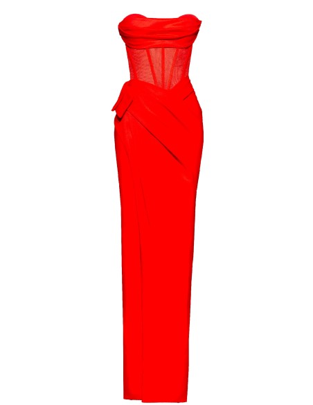 Robe longue de fête avec encolure sans bretelles et fendue