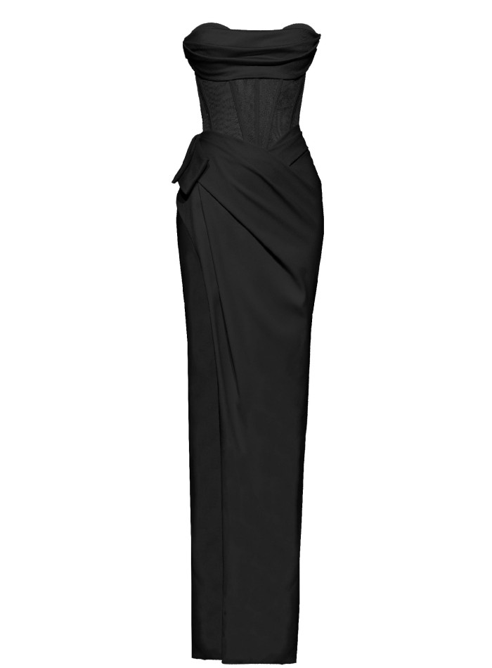 black evening dress with corset and high slit...