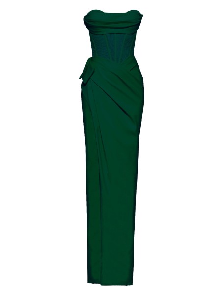 Robe de soirée vert émeraude avec corset et fente haute sur les jambes