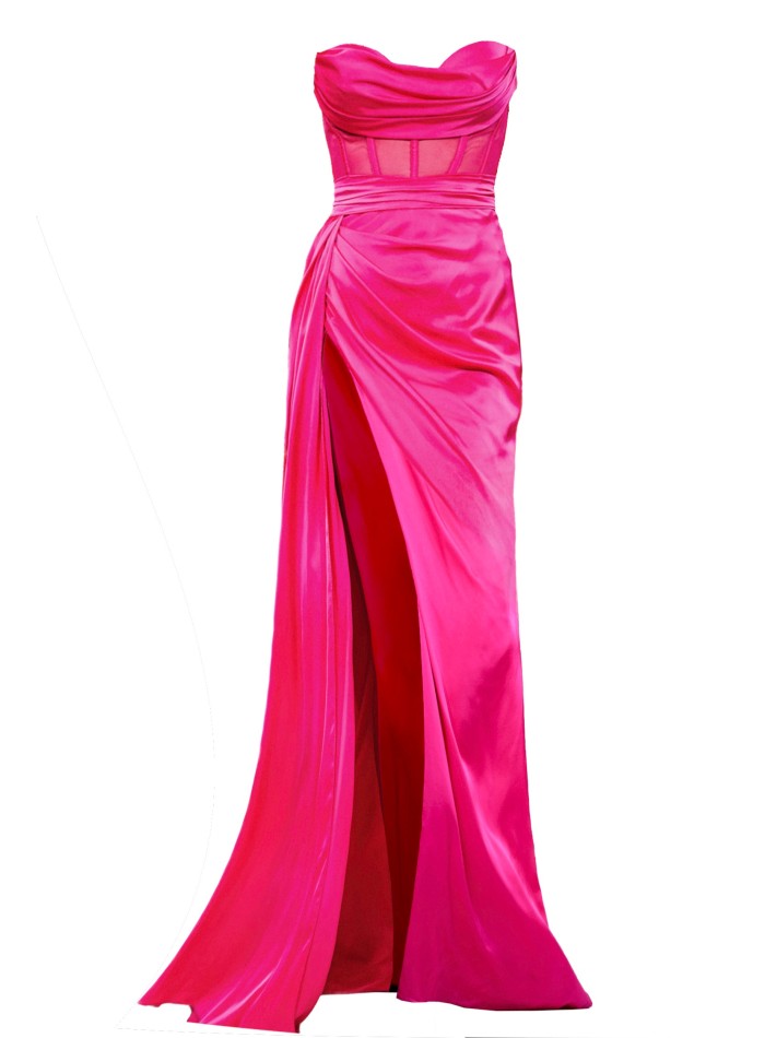 Long pink evening dress with high neckline and...