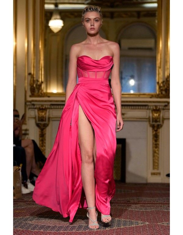 Long pink evening dress with high neckline and high leg slit