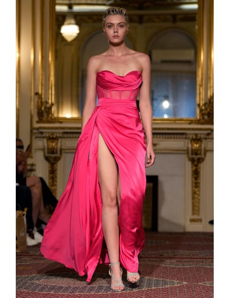 Long pink evening dress with high neckline and high leg slit